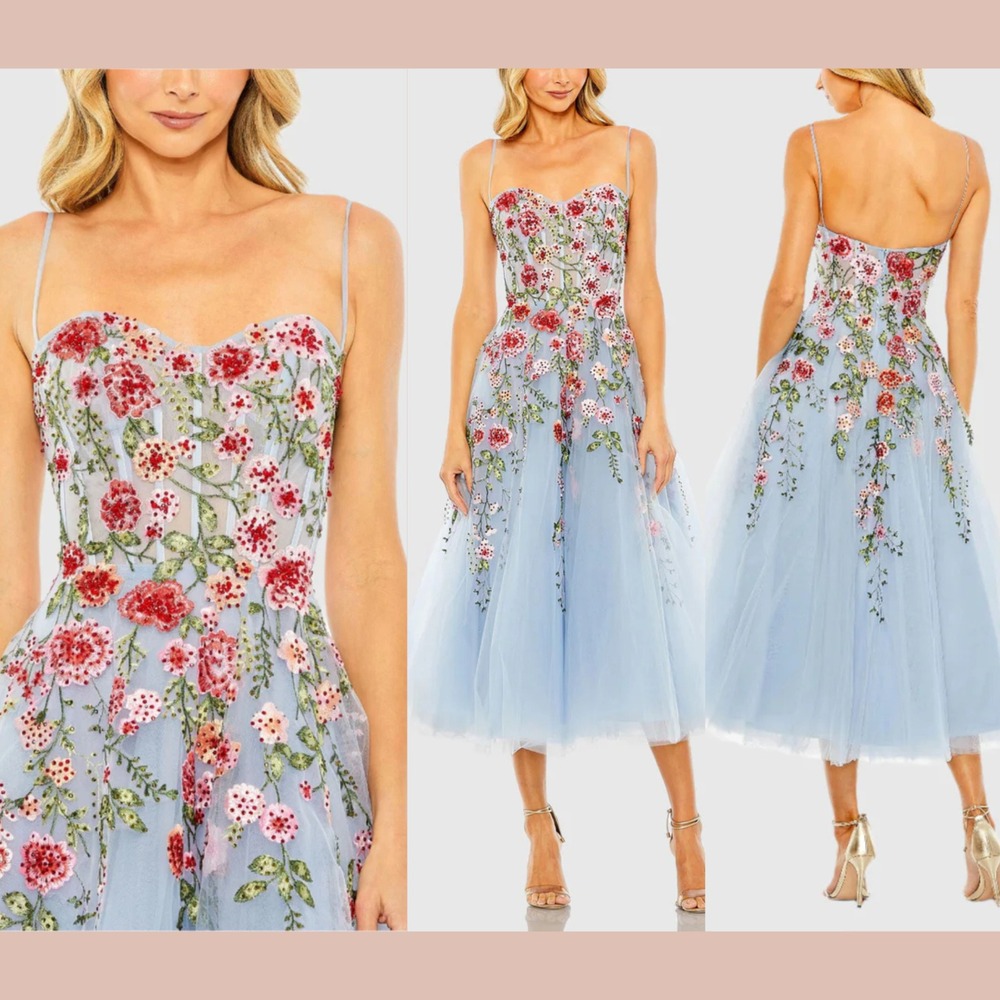 NWT MAC DUGGAL [‎ 10 ] 20651 Bustier Embroidered Floral A-Line Dress Blue J1803 - Picture 2 of 16